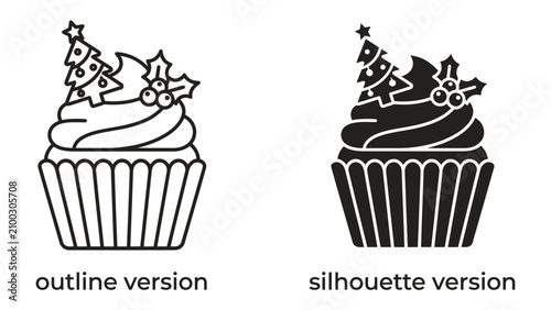 Fotografie Christmas cupcake line and silhouette icons: A delightful Christmas cupcake presented in both outline and silhouette versions, adorned with a miniature decorated tree and holly berries