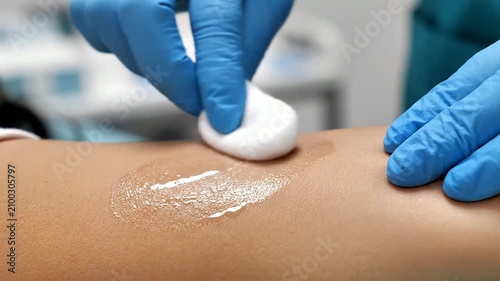 Medical Professional Applying Antiseptic on Patient's Arm with Cotton Ball in Clinical Setting Focused on Hygiene and Patient Care