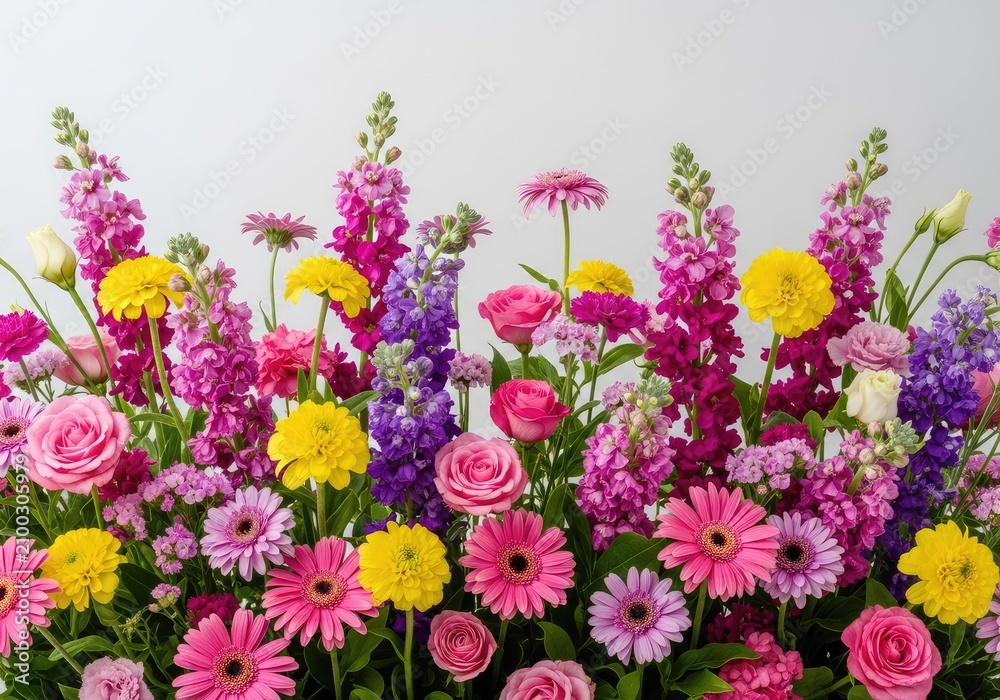 Fototapeta premium Una trama densa di fiori misti dai colori vivaci come rosa, viola e giallo, disposti in modo armonioso su uno sfondo naturale e soffice, estate, arancione, giallo