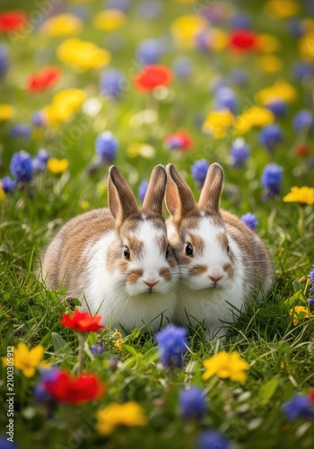 Two small fluffy rabbits sit together in a vibrant meadow filled with colorful wildflowers, green grass, and soft sunlight on a spring day, fauna, bunnies, seasonal