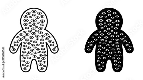 Figure Covered in Eyes: An abstract human-like figure is completely covered with numerous eyes, depicted in both outline and solid black variations, creating a surreal and unsettling visual.