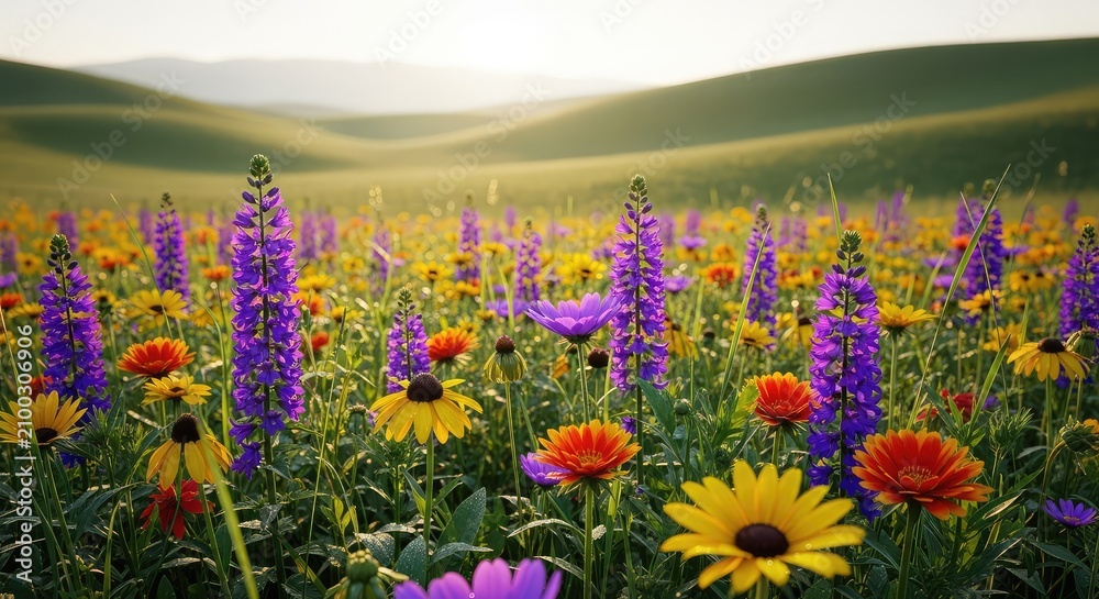 Obraz premium Vibrant wildflowers bloom in a lush meadow under golden morning light, symbolizing internal growth, peace, and the feeling of inner warmth, soft, morning, peace