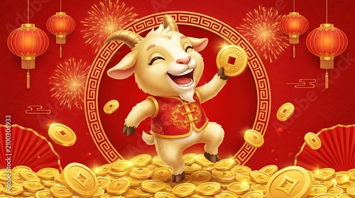 Chinese Zodiac Goat 2027, Lucky Goat New Year, Goat Year Prosperity, Joyful Cartoon Goat Mascot Celebrating Prosperity