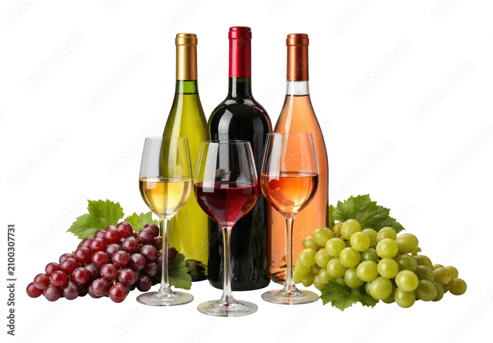 Obraz premium PNG Elegant wine bottles with grapes.