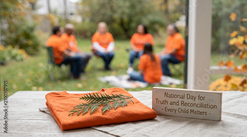 A Thuja occidentalis cedar branch placed on a folded orange t-shirt alongside a wooden plaque reading National Day for Truth and Reconciliation on a table.