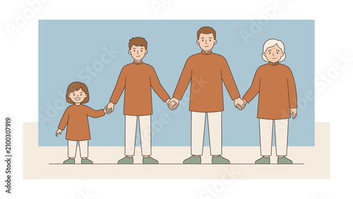 Photography Generations Together: A heartfelt illustration showcasing a family of four, where a young child, youth, adult, and senior hold hands in a touching display of love, unity, and the passage of time