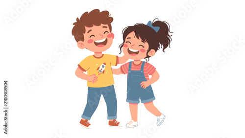 Canvastavla Joyful Siblings Sharing a Laugh: A young boy and girl, beaming with happiness, share a moment of pure joy as they laugh together