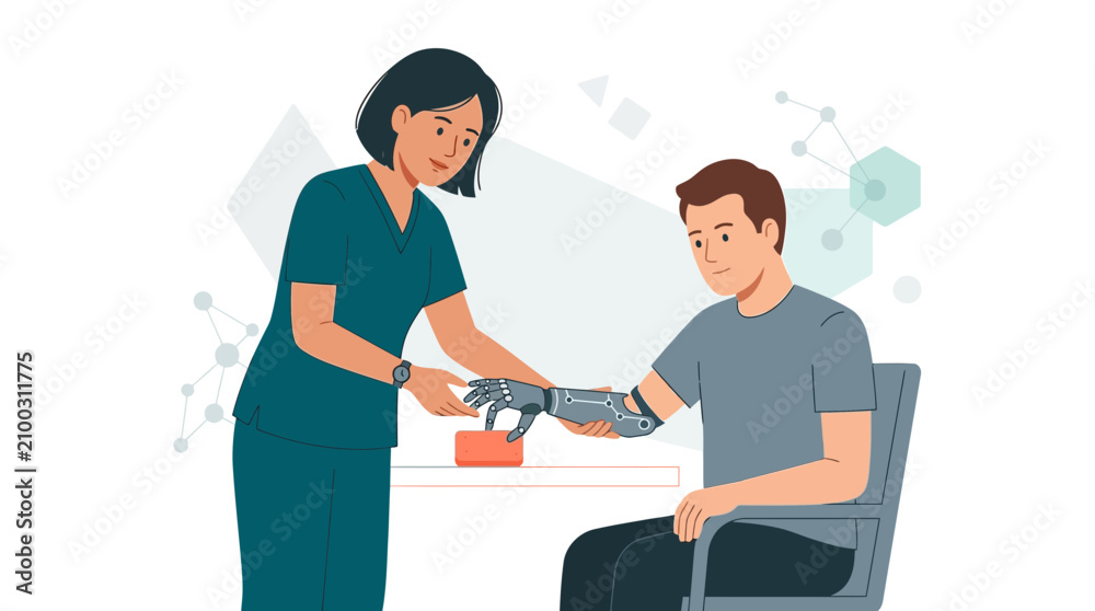 Fototapeta premium Nurse assisting patient with advanced prosthetic arm fitting and rehabilitation in a modern medical setting.