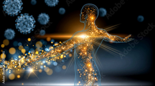 A glowing human body silhouette defending against floating viral cells