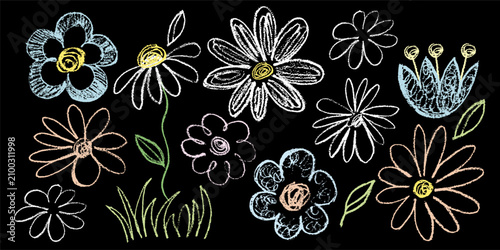 set of cute hand-drawn flowers. naive drawing of flowering plants. stock vector illustration. EPS 10