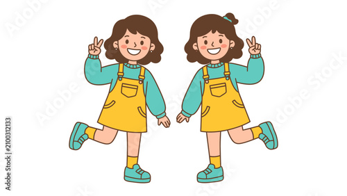 Bild auf Leinwand Twin Sisters Posing Joyfully: Two cheerful young girls, likely twins, with matching outfits strike playful poses, signaling a sense of happiness and connection
