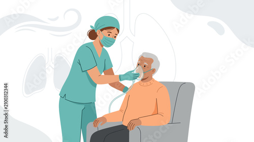Canvas Print Nurse assists elderly patient with oxygen mask for breathing support, medical ca