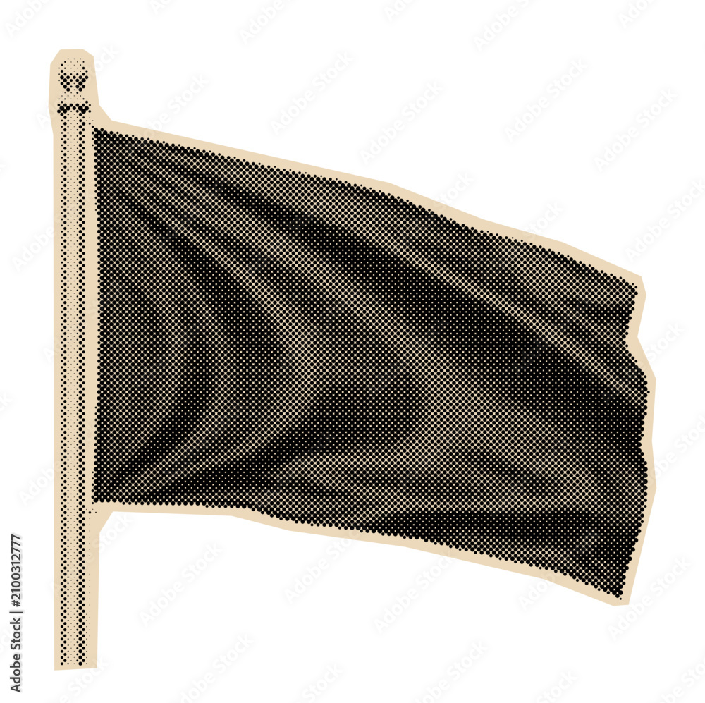 Fototapeta premium Waving black flag on a flagpole, a symbol of anarchy or surrender, illustrated in a vintage halftone or retro comic book art style