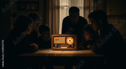 A family gathered closely around a glowing vintage radio in a dim room evoking a nostalgic atmosphere of shared storytelling and deep connection