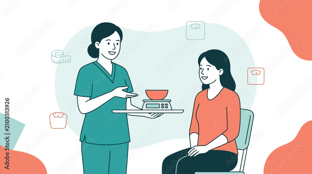 Fototapeta premium Nurse consults patient on weight management with scale and measuring tape icons, vector illustration