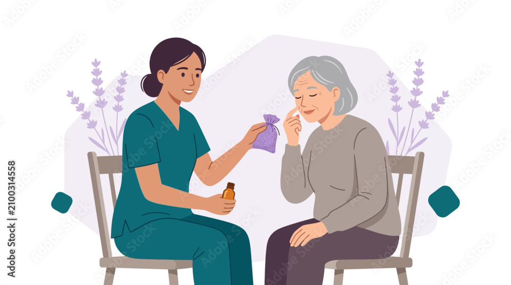 Obraz premium Nurse offers aromatherapy to elderly patient, promoting relaxation and well-being with lavender scent in a healthcare setting.