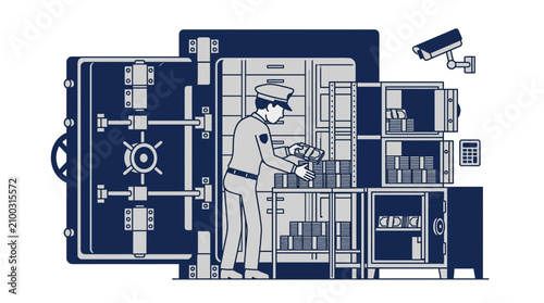 Konstfotografi Security Guard Counting Money in Bank Vault with Open Safe and Surveillance Came