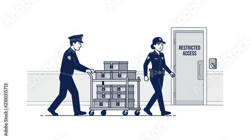 Quadro su tela Police Officers Transporting Boxes on Cart Near Restricted Access Door