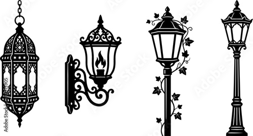 Foto Vintage Street Lamp and Vintage Lantern Silhouette Set Featuring Antique Wall Sc