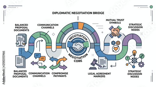 Foto Diplomatic negotiation bridge showing stages from proposal to markers
