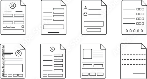 Fotografi Set of eight hand drawn resume or curriculum vitae document icons in black line