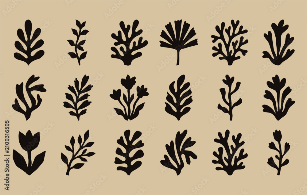 Fototapeta premium Handcrafted botanical nature elements featuring abstract minimal flora silhouettes perfect for contemporary digital illustration, textile decor, and aesthetic graphic design assets