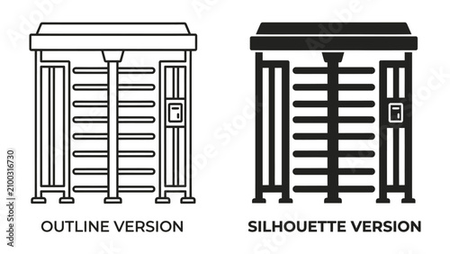 Foto Security Turnstile Vector Icon Set: A clear outline and silhouette vector illustration of a full-height security turnstile gate, representing controlled access, safety