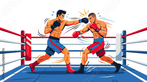 Billede på lærred Boxers Fighting in Ring, Punching, Sports Illustration