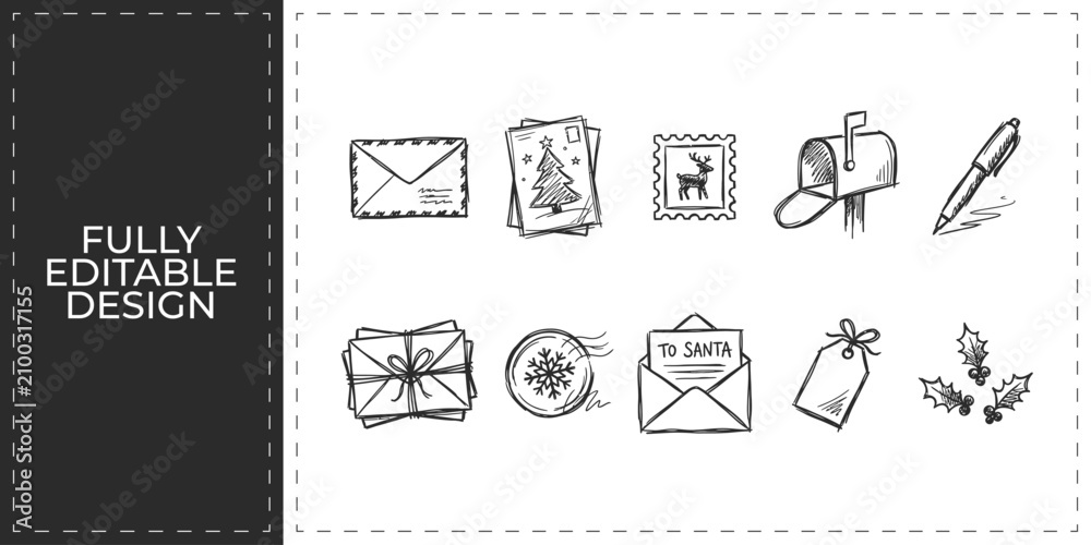 Fototapeta premium Personal mail and communication stationery hand drawn doodle icons set featuring envelopes and pens for professional office and creative writing branding design