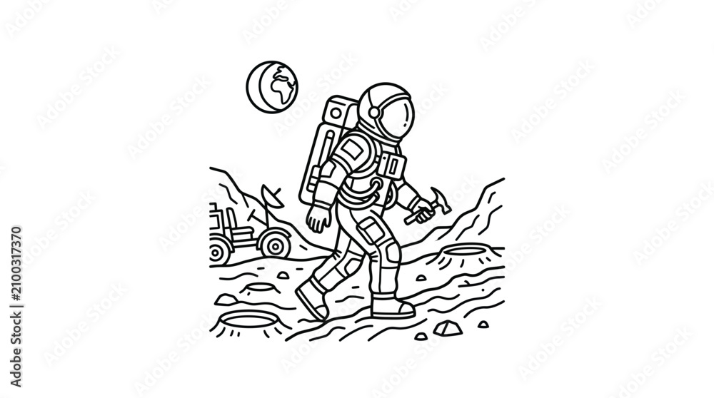 Obraz premium Corporate of Astronaut Working on Lunar Rover in Space Exploration Scene Minimalist Black and White Art