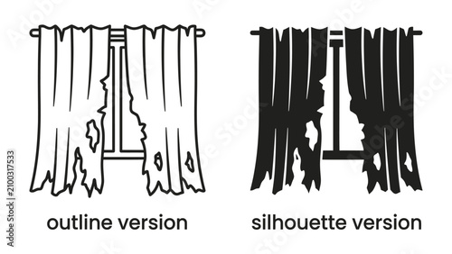 Принти на полотні Torn Curtains icon: A graphic illustration depicting torn curtains covering a window, shown in both outline and silhouette versions, symbolizing damage or neglect