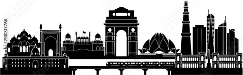 Delhi City Skyline Silhouette Illustration with Famous Historical Landmarks and Modern Buildings Black Vector Art on White Background
