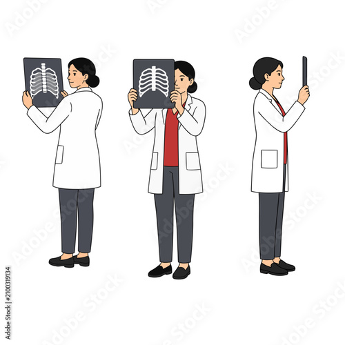 Title
Female Doctor Examining Chest X-Ray Film Flat Vector Character Pose Set Isolated on White Background
