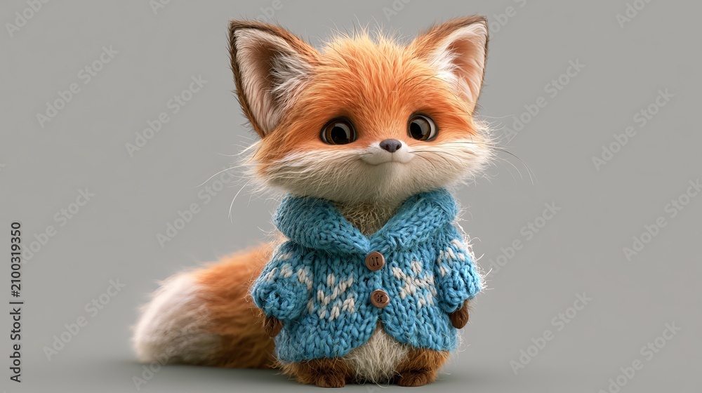 Fototapeta premium Small, charming fox wears a blue sweater.