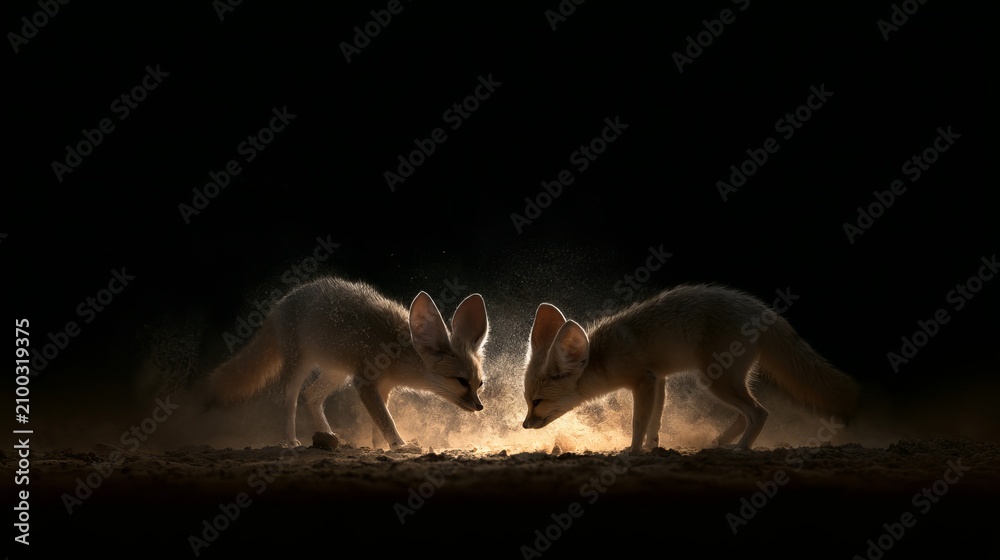 Fototapeta premium Small desert foxes hunt at night.