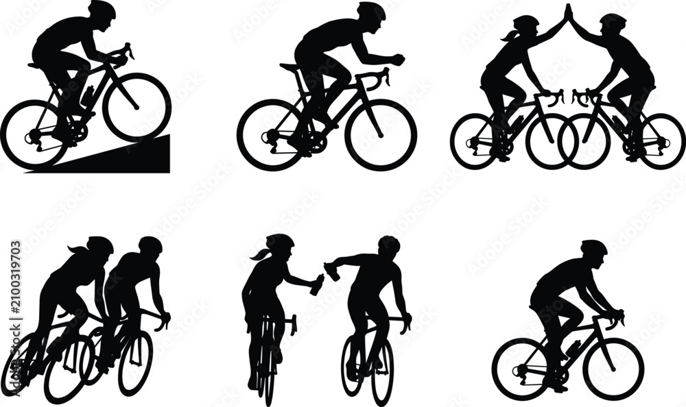 Obraz premium Cycling athletes and road bike racing black silhouette icons set for professional sports event branding