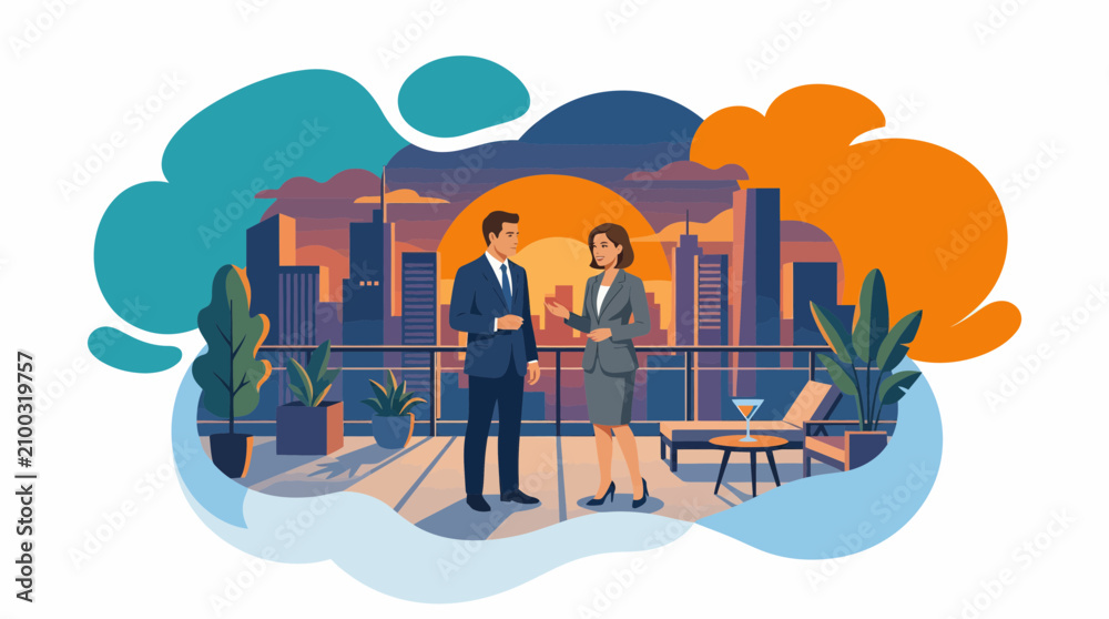Naklejka premium Business Professionals Shaking Hands on Urban Rooftop Balcony