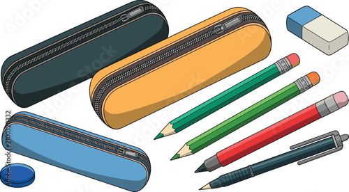 Obraz na plátně Colorful pencil cases with pencils pens and erasers for back to school stationer