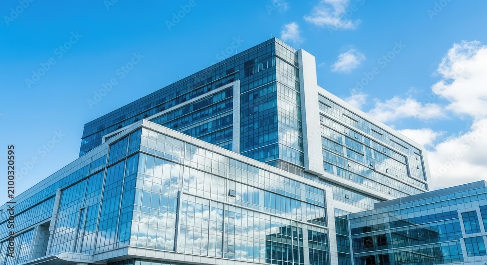 Fototapeta premium A modern hospital building features a sleek glass exterior reflecting a clear blue sky, showcasing innovative healthcare architecture today, innovation, futuristic, day