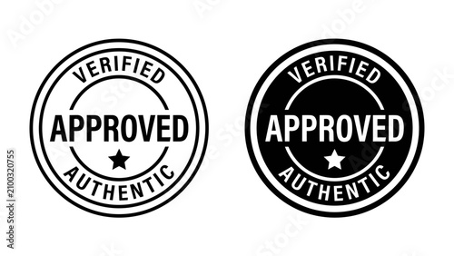 Konstfotografi Approved and Verified Seal: A set of two circular seals, one in outline and one in solid black, boldly proclaiming APPROVED, VERIFIED, and AUTHENTIC, signifying trust and confirmation