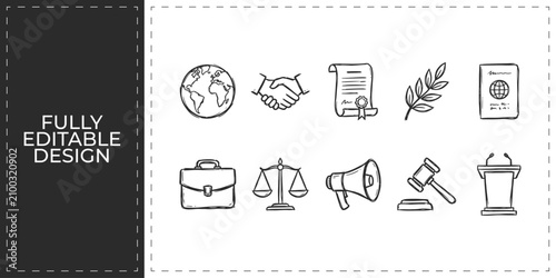 Foto Global business and legal diplomacy hand drawn icons set featuring world handsha