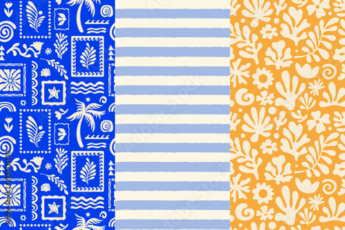 Vector hand drawn seamless patterns, graphics with silhouette summer and vacation illustrations, print design templates, tropical illustrations, frames and borders in simple trendy naive cut out style