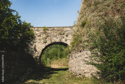 Ancient stone archway overgrown with greenery under a clear blue sky