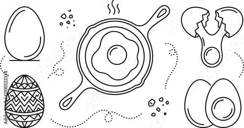 Fotografie Cooking eggs and breakfast line art vector icons set featuring fried egg skillet