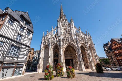 Flamboyant Gothic facade of church Saint-Maclou stands tall in Rouen, showcasing architectural details on a clear day