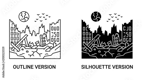 Tableau sur toile Cityscape Catastrophe: A desolate cityscape rendered in both outline and silhouette, depicting the aftermath of destruction with crumbling buildings, debris