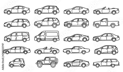 Tableau sur toile Minimalist Car Body Type Outline Vector Collection with Sedan SUV Coupe and Pick
