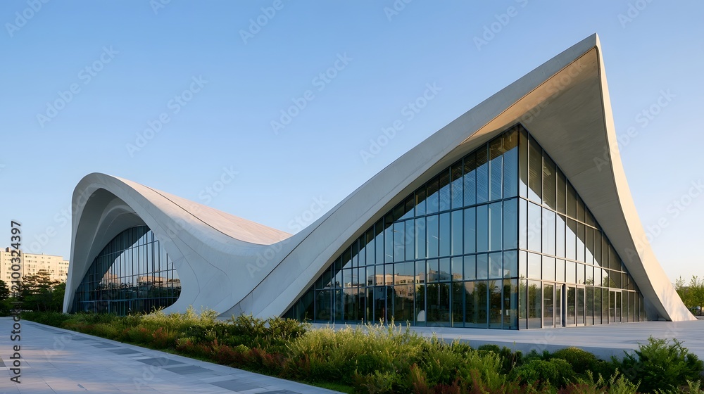 Fototapeta premium A modern architectural structure featuring curved white concrete and large glass panels under a clear blue sky