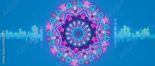 Abstract Geometric Mandala Pattern with Digital Sound Wave Effect in Blue and Purple Tones