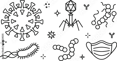 Fotografie Microbiology and virology line art vector icons set featuring coronavirus bacter